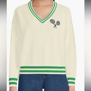 NWT Lands End Drifter Cardigan in Varsity V-Neck Style, Cream and Green, Small